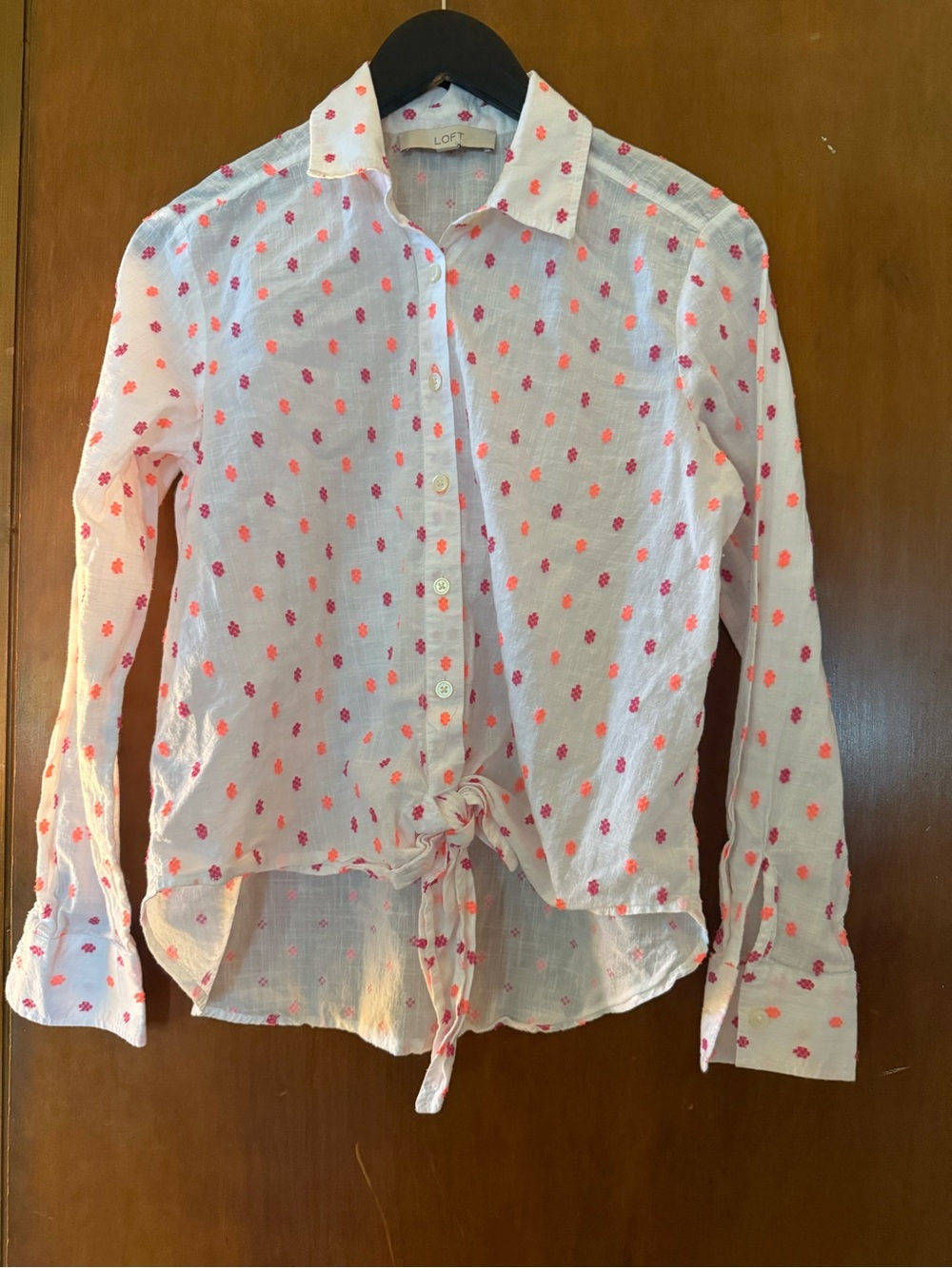 LOFT White Button-Up Shirt with Pink Floral Print and Front Tie